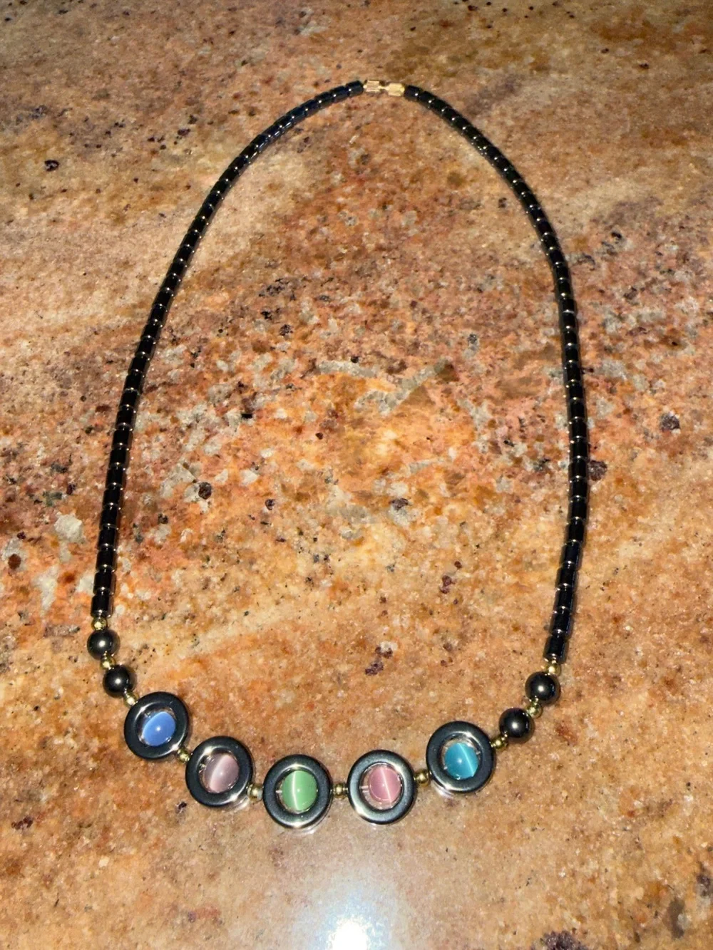 Vintage 90s Hematite and Multicolor Cat's Eye Glass Beaded Necklace